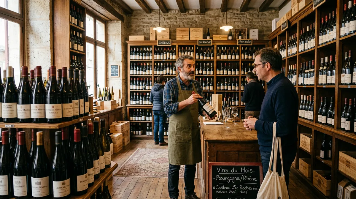 Boutique caviste française avec rayonnages de bouteilles