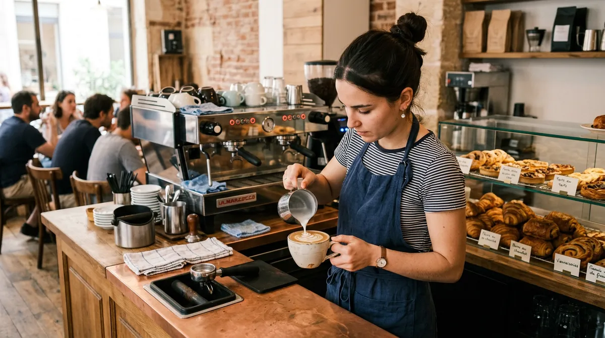Coffee shop français avec barista et machine espresso pro