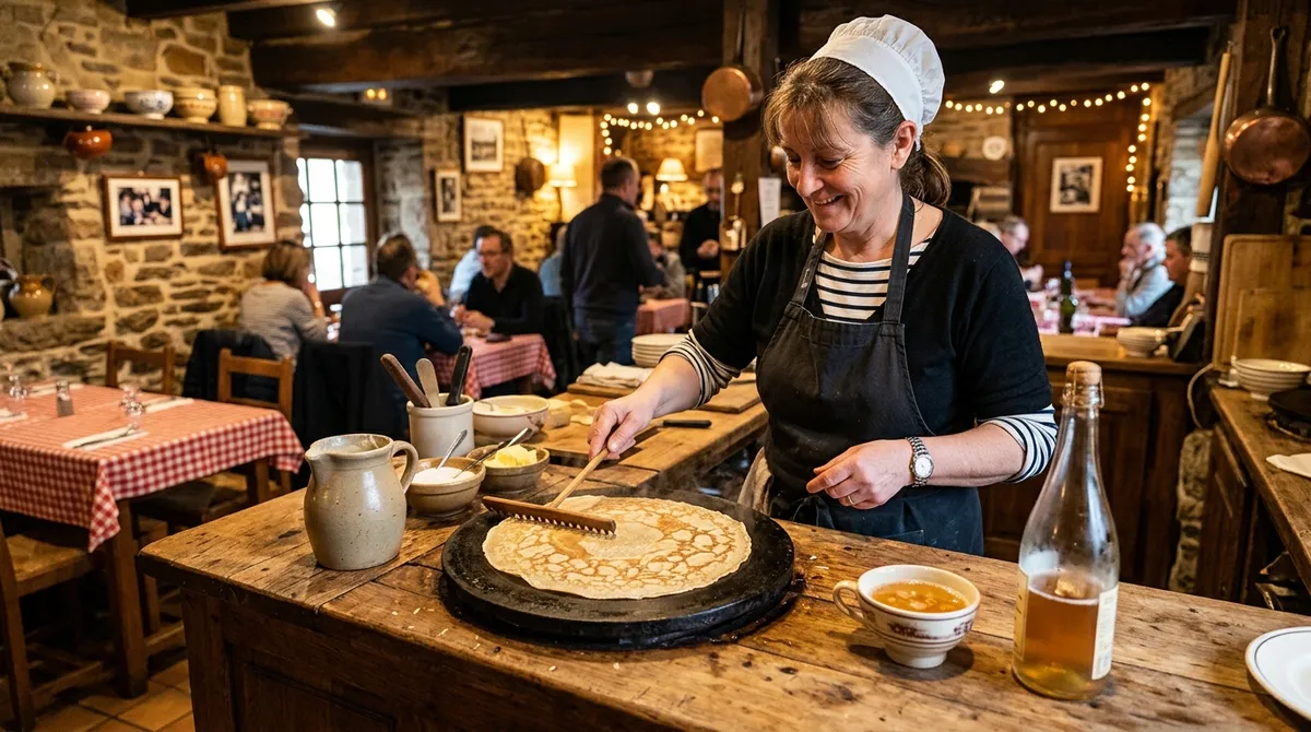 Crêpier breton préparant une galette sur billig
