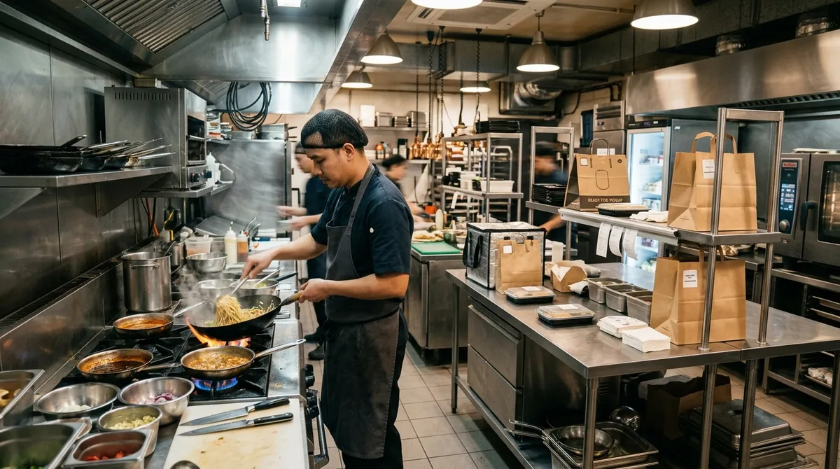 Dark kitchen en activité avec sacs de livraison