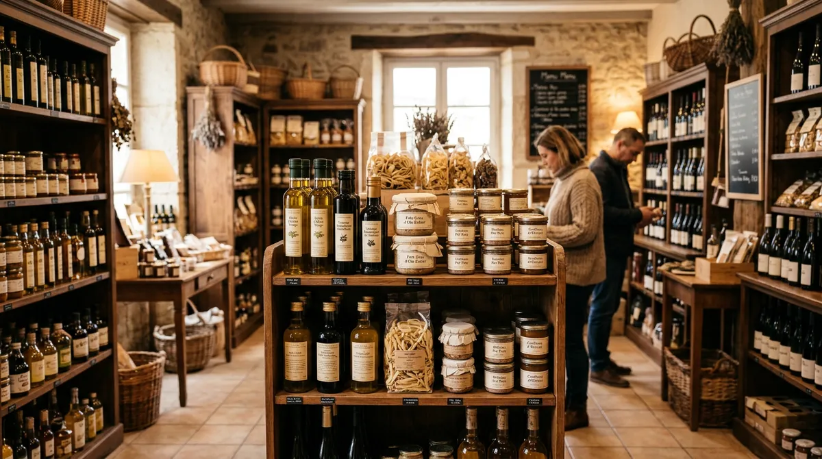 Intérieur d'épicerie fine française avec étalages