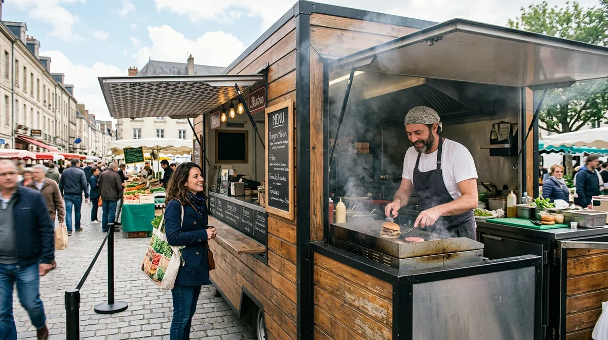 Food truck français en service sur une place de marché