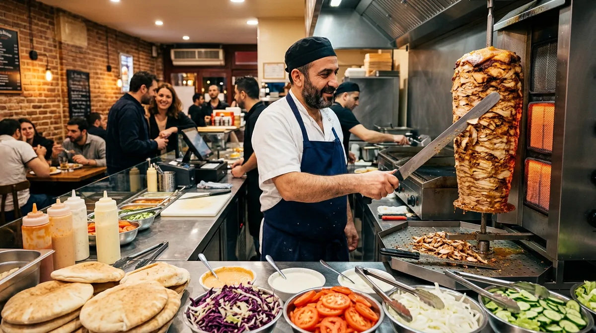 Kebab français avec broche verticale en service