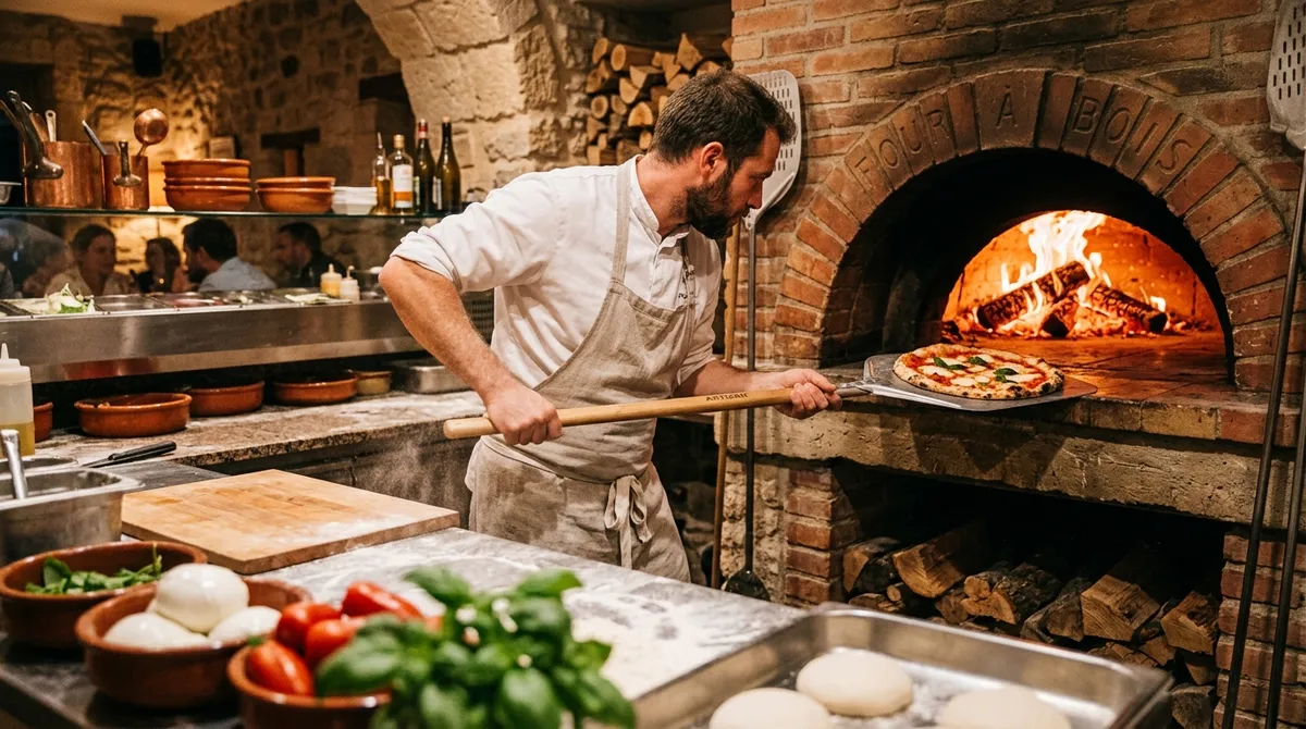 Pizzaiolo enfournant une pizza dans un four à bois