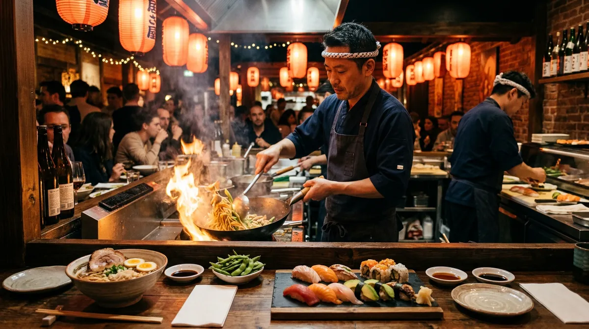 Cuisine asiatique en plein service au wok