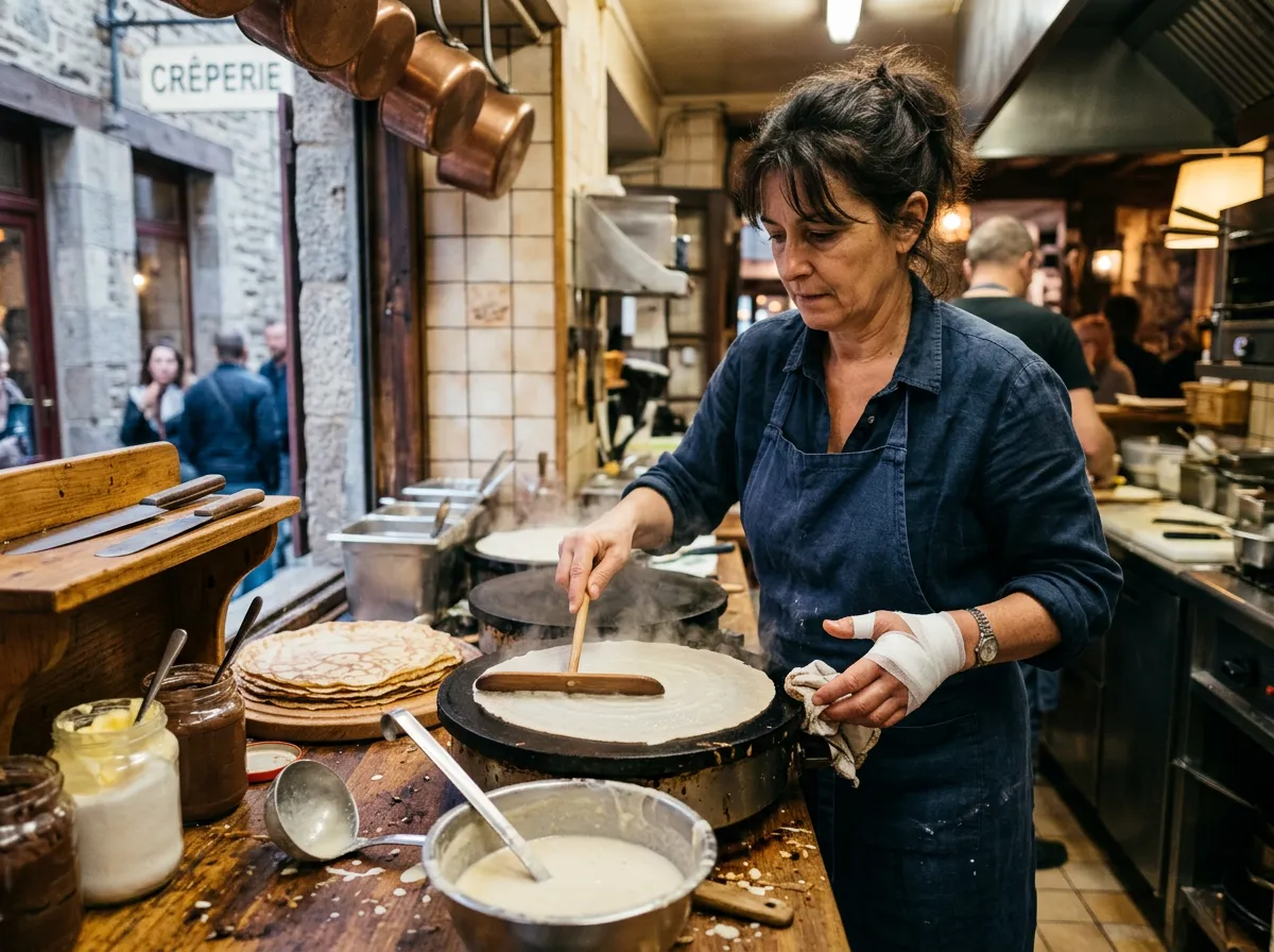 Crêpier en train de préparer une galette sur billig
