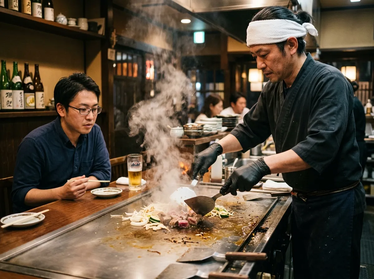 Préparation teppanyaki à la vue du client