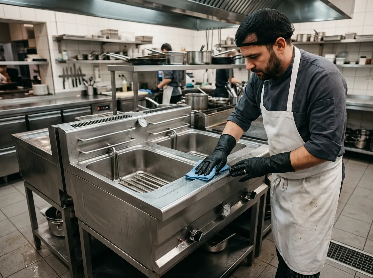Cuisine professionnelle avec flammes sur la friteuse
