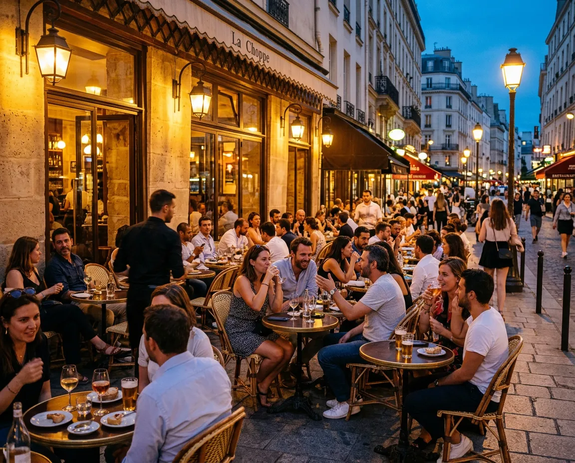 Terrasse de bar parisienne en soirée