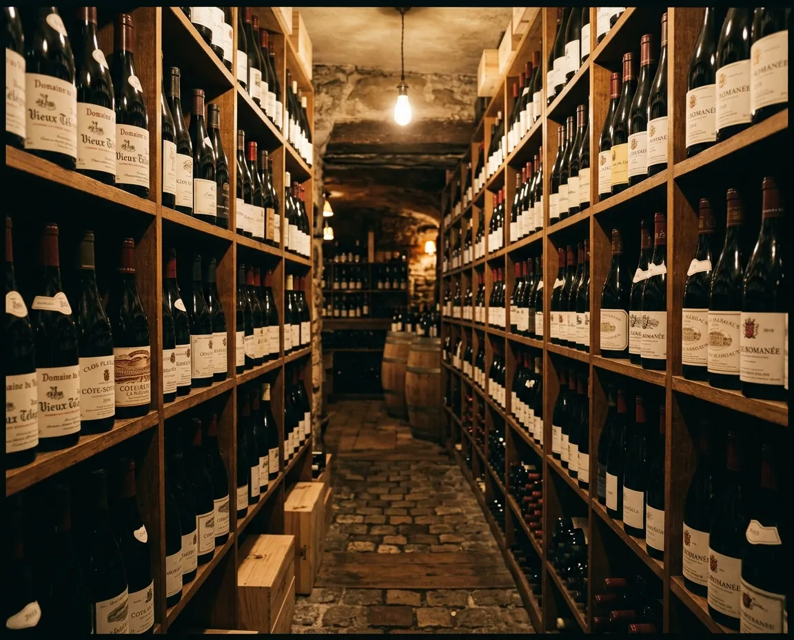 Cave à vin avec bouteilles et étiquettes