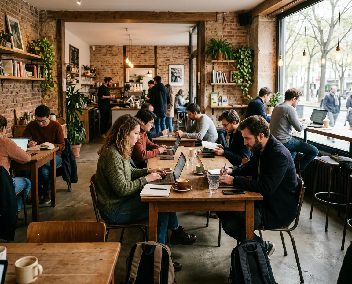 Clients travaillant en coworking dans un coffee shop