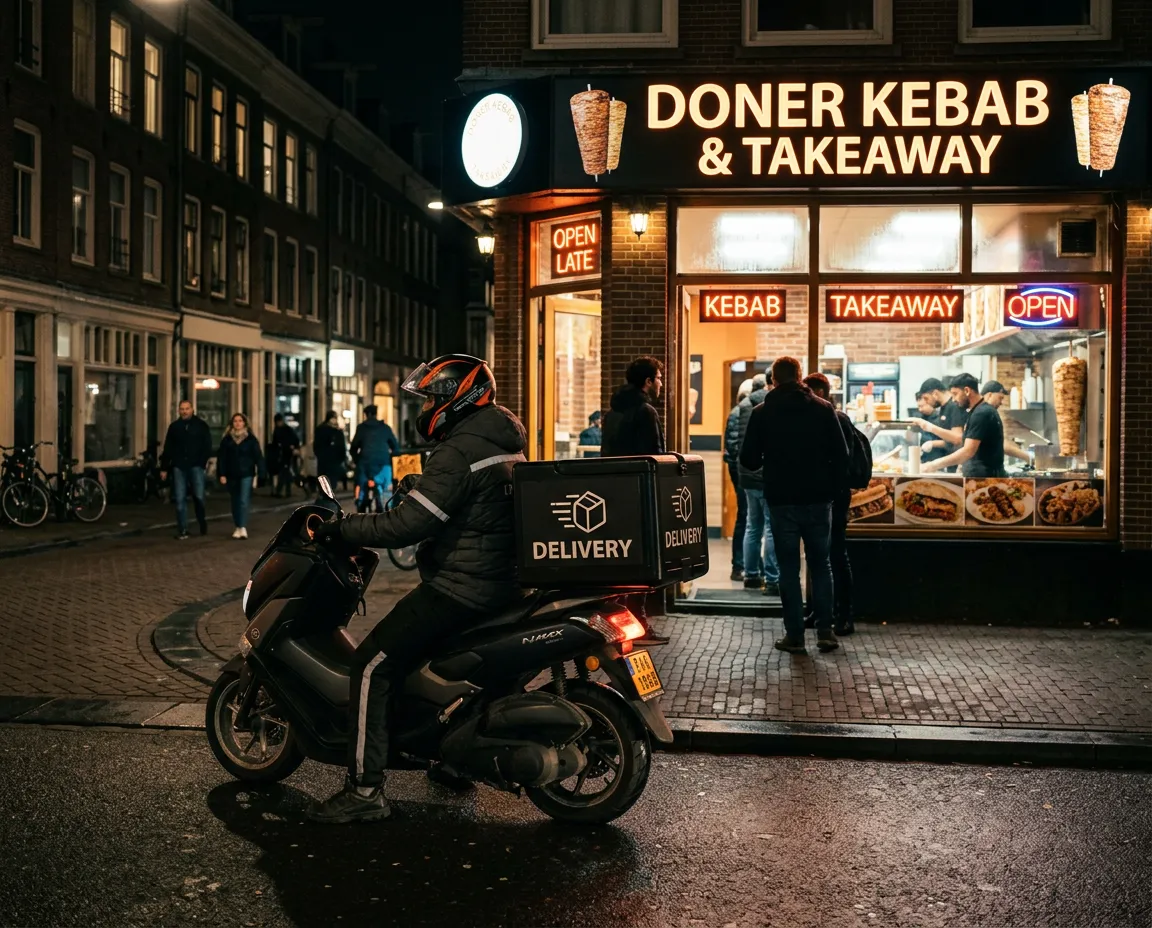 Livreur Uber Eats devant un kebab la nuit