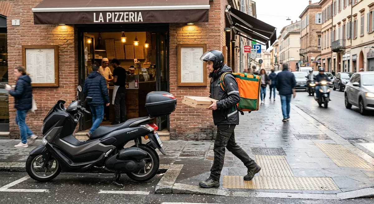 Livreur en scooter récupérant une commande de pizza