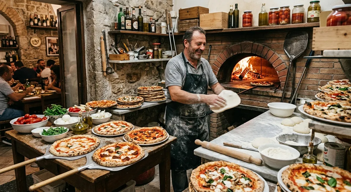 Pizzaiolo dans sa pizzeria avec ses pizzas