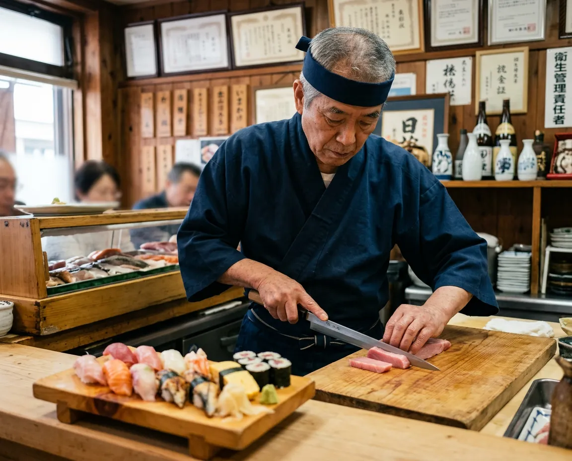 Préparation de sushi par chef japonais