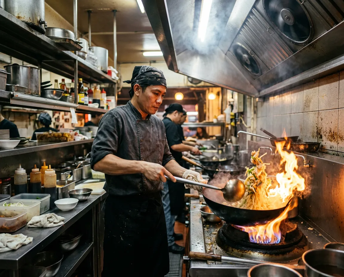 Wok en flammes en cuisine asiatique